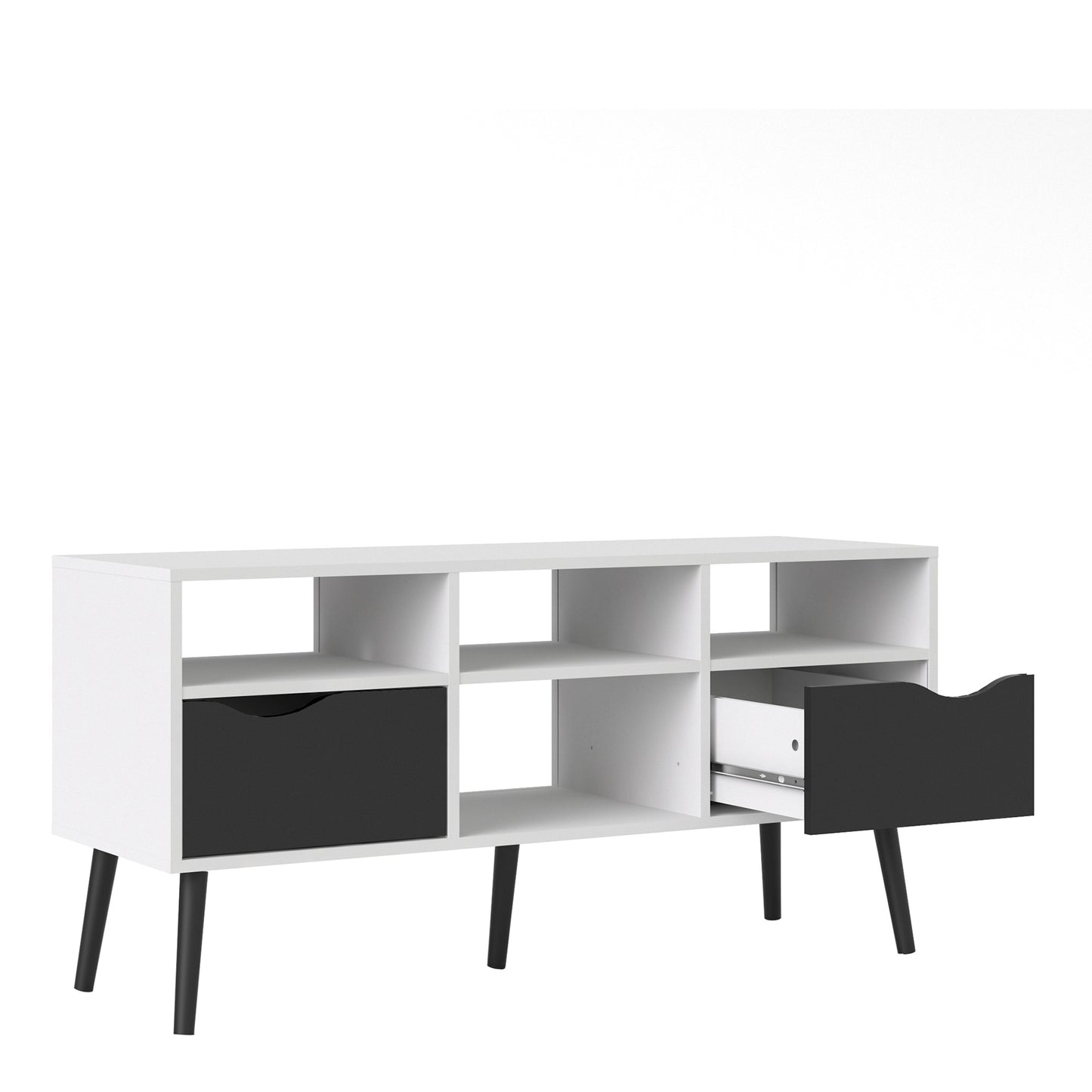 oslo tv unit wide 2 drawers 4 shelves in white and black matt