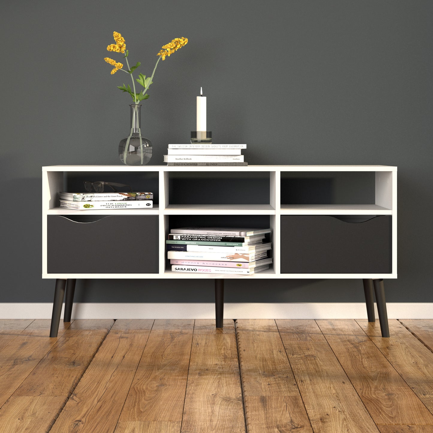 oslo tv unit wide 2 drawers 4 shelves in white and black matt
