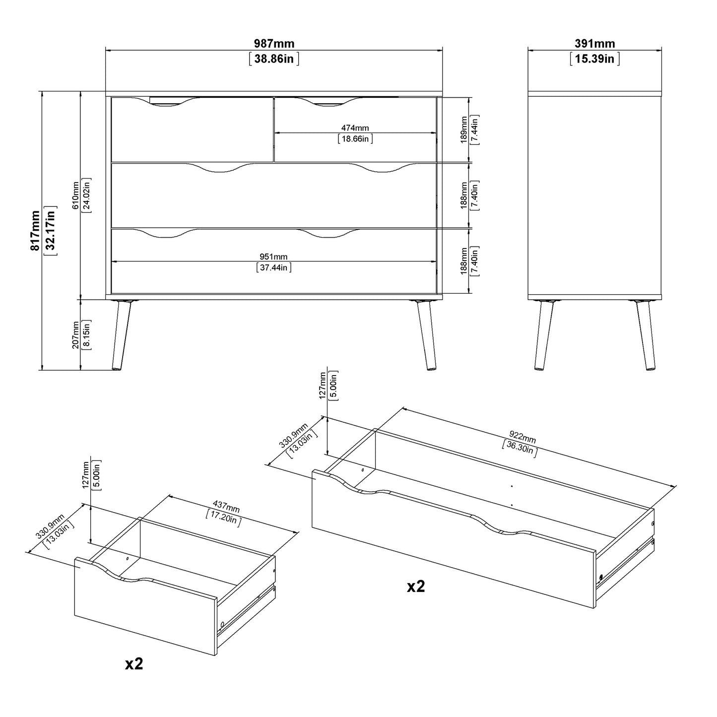 oslo chest of 4 drawers in black and oak