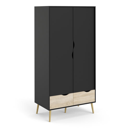 oslo wardrobe 2 doors 2 drawers in black and oak