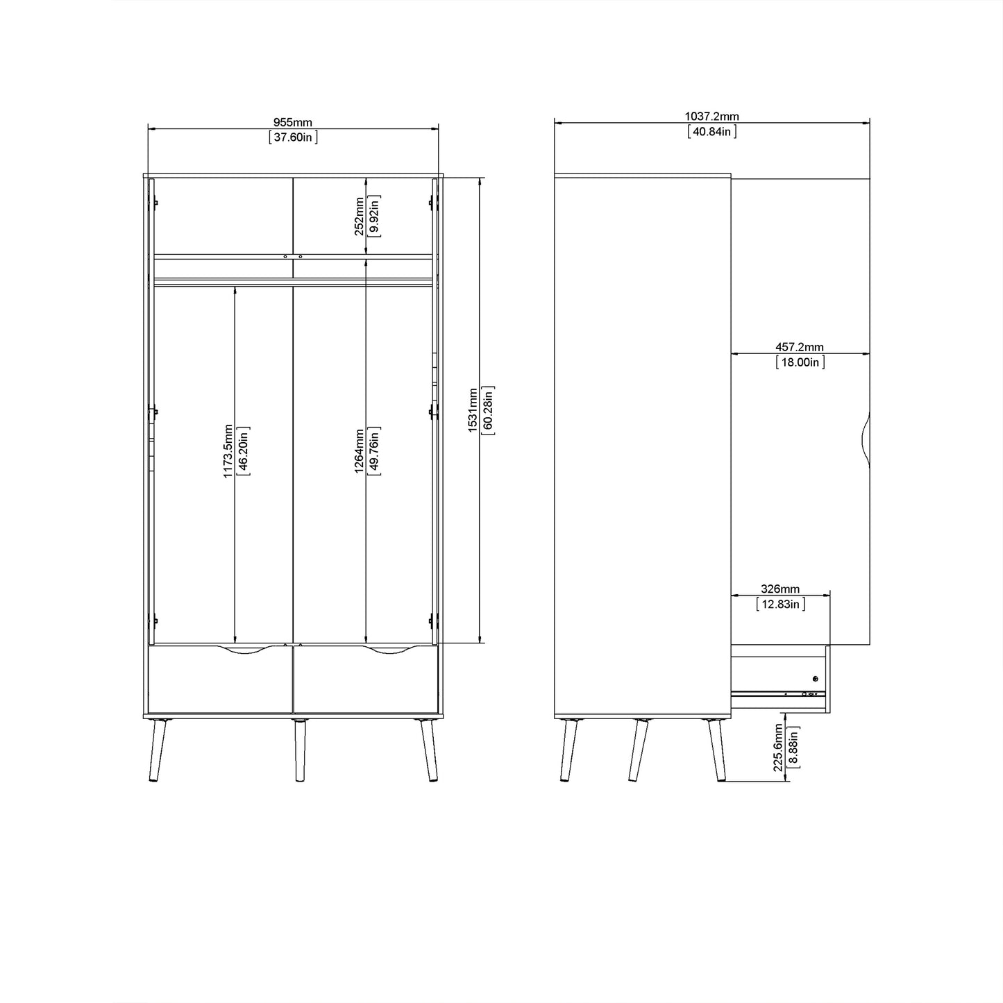 oslo wardrobe 2 doors 2 drawers in black and oak