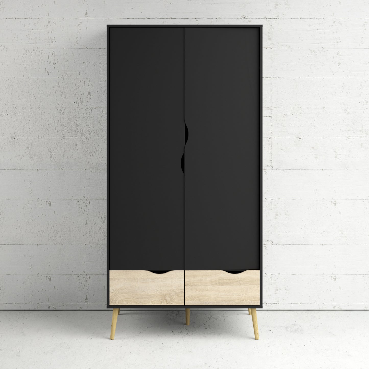oslo wardrobe 2 doors 2 drawers in black and oak