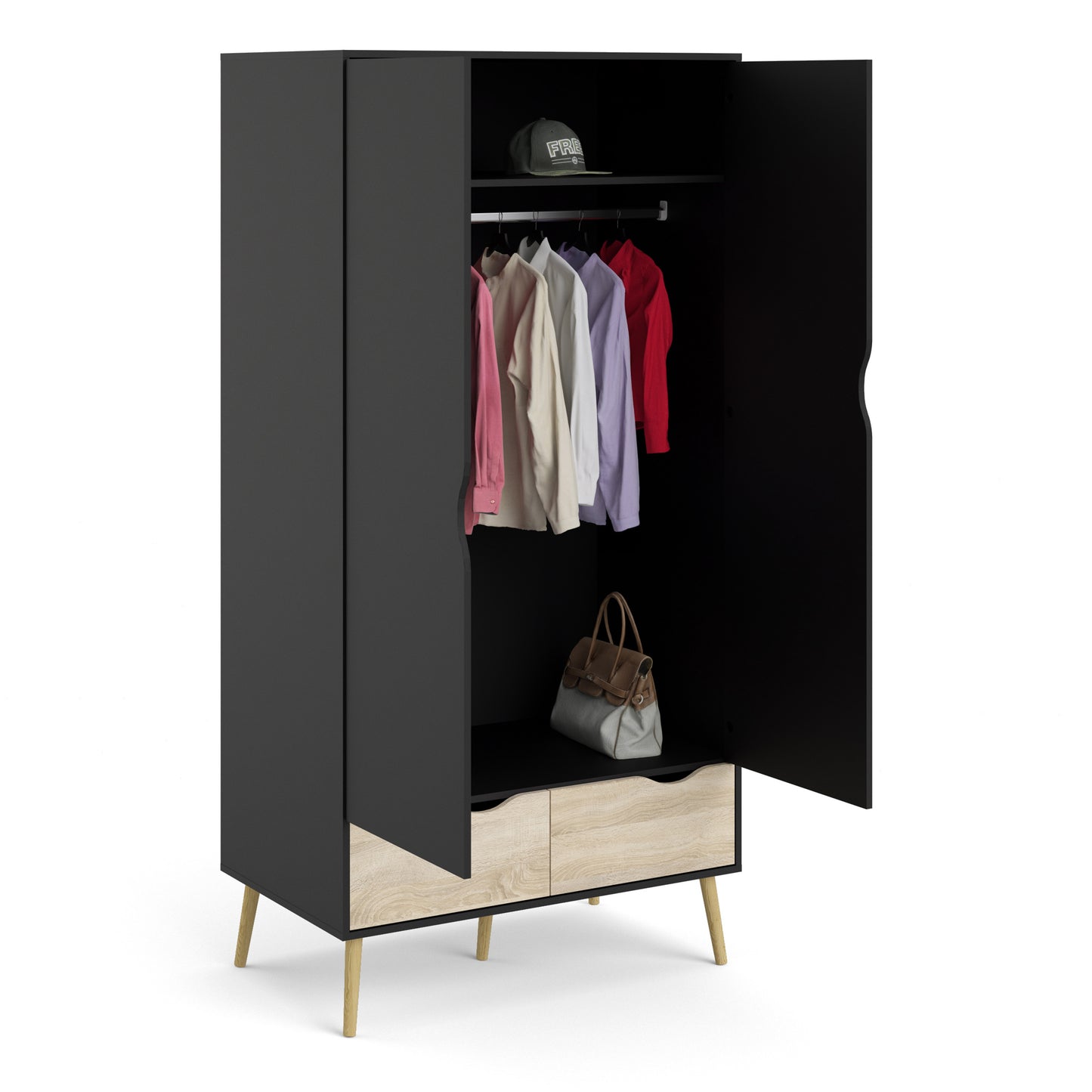 oslo wardrobe 2 doors 2 drawers in black and oak