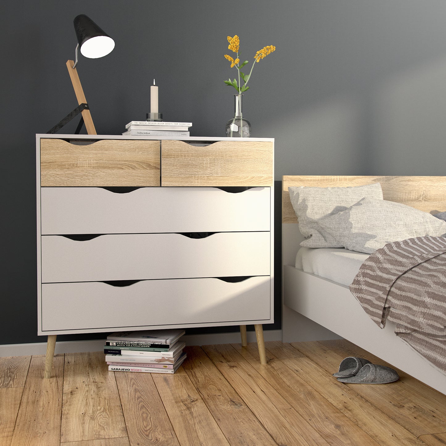 oslo chest of 5 drawers in white and oak
