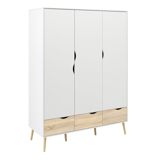 oslo wardrobe 3 doors 3 drawers in white and oak