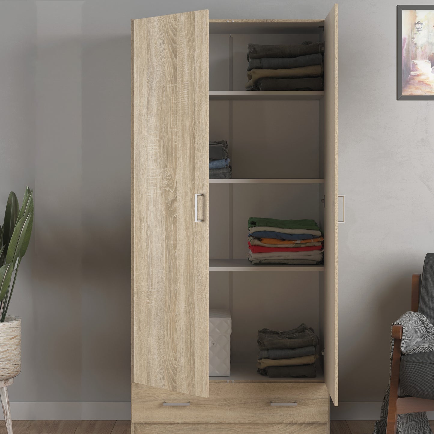 space wardrobe with 2 doors + 1 drawer in oak 1750