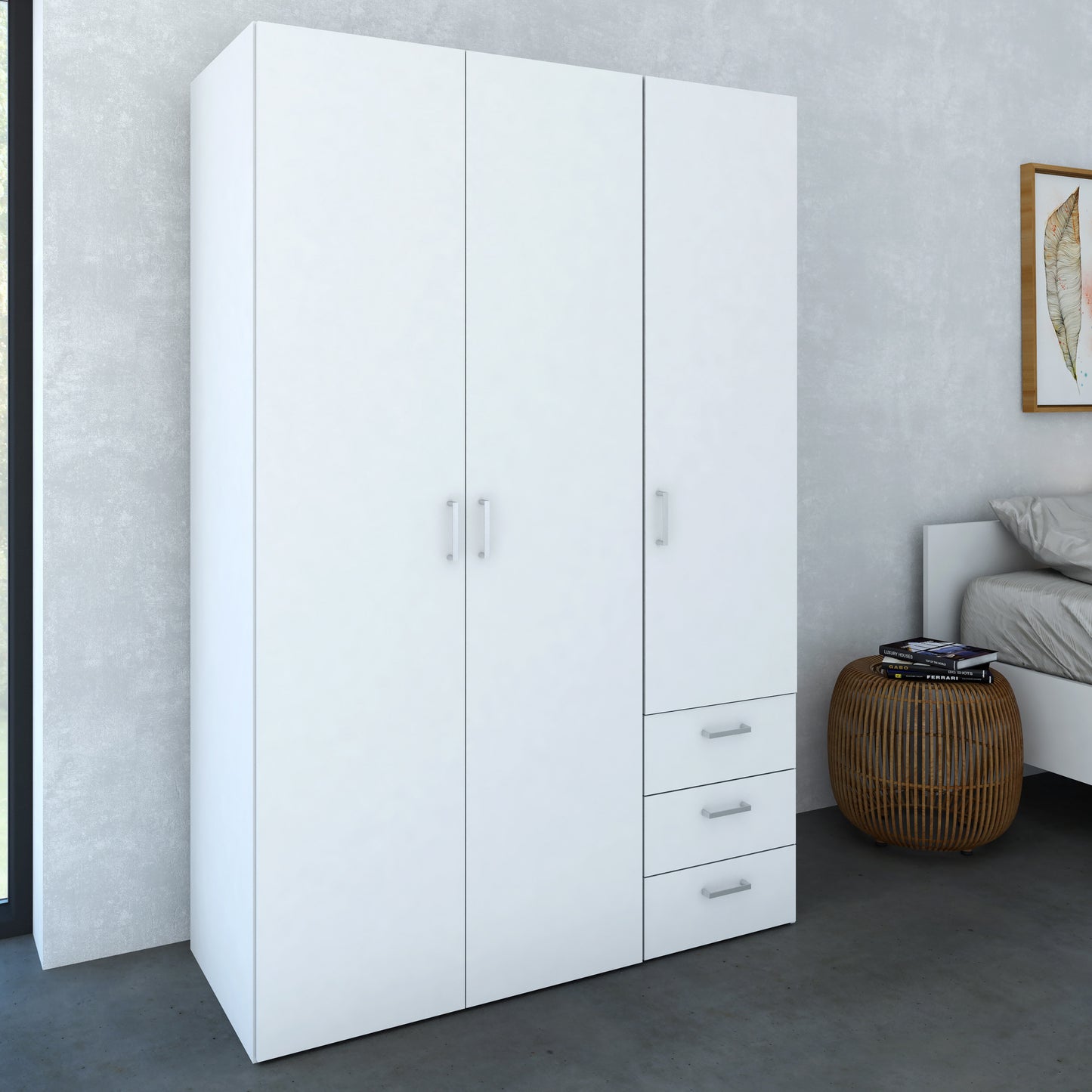 space wardrobe 3 doors 3 drawers in white 2000