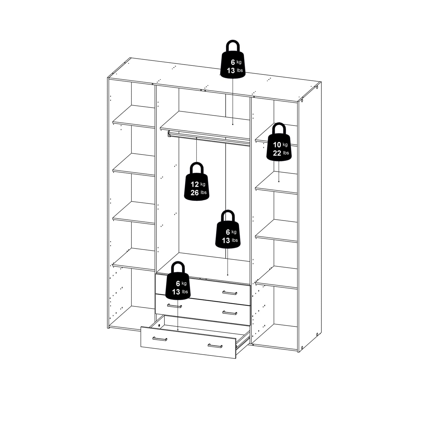 space wardrobe 4 doors 3 drawers in white 2000
