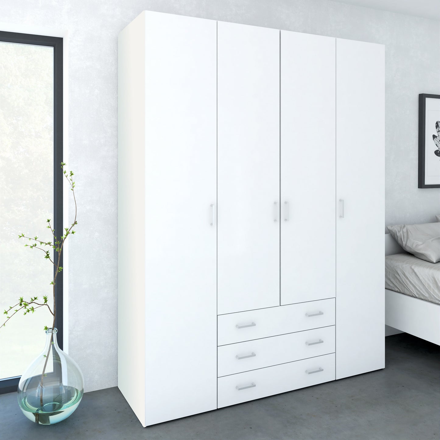 space wardrobe 4 doors 3 drawers in white 2000