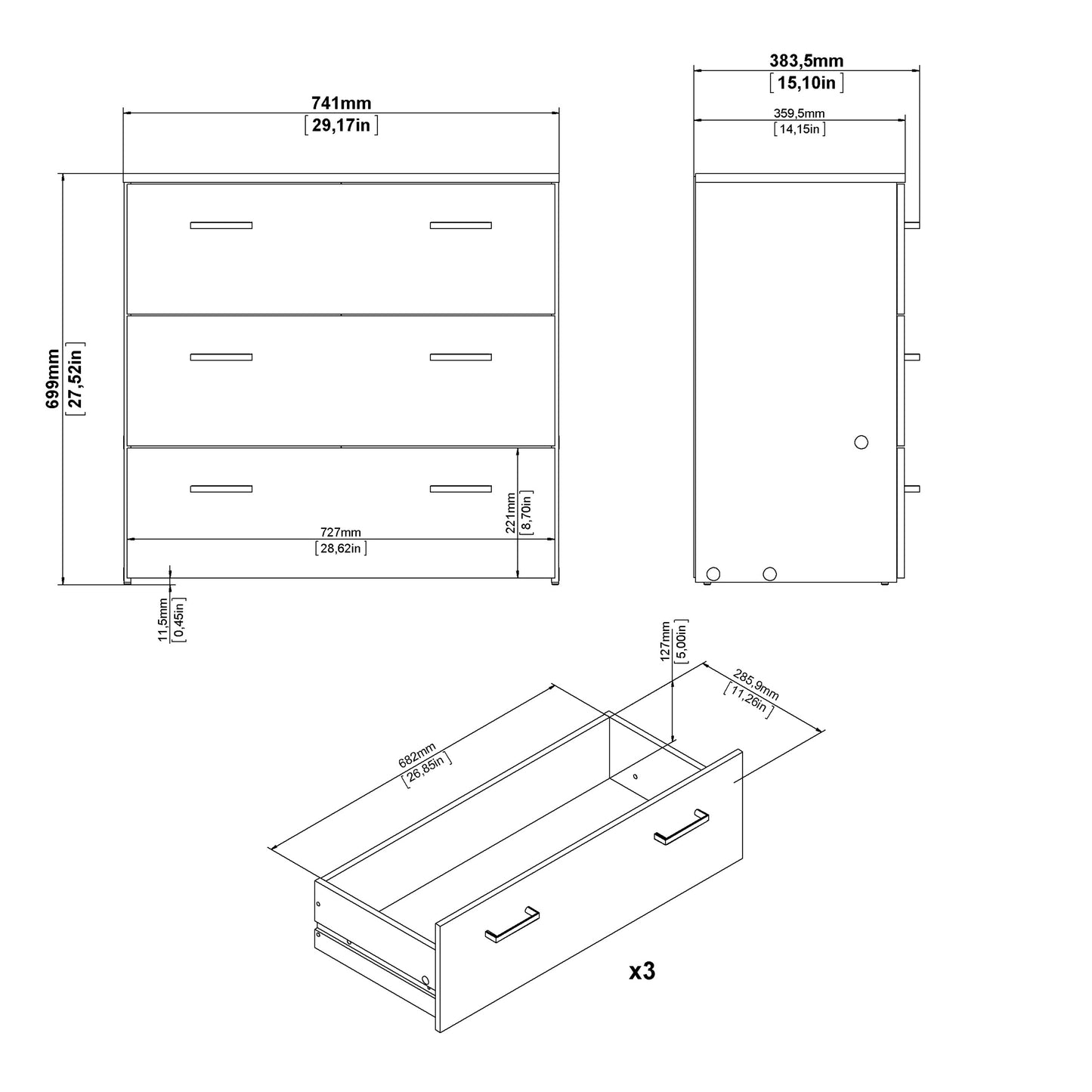 space chest of 3 drawers in white