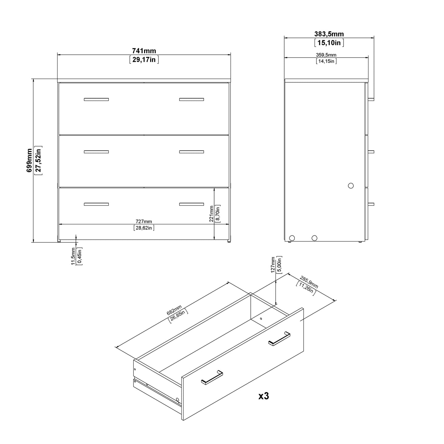 space chest of 3 drawers in oak