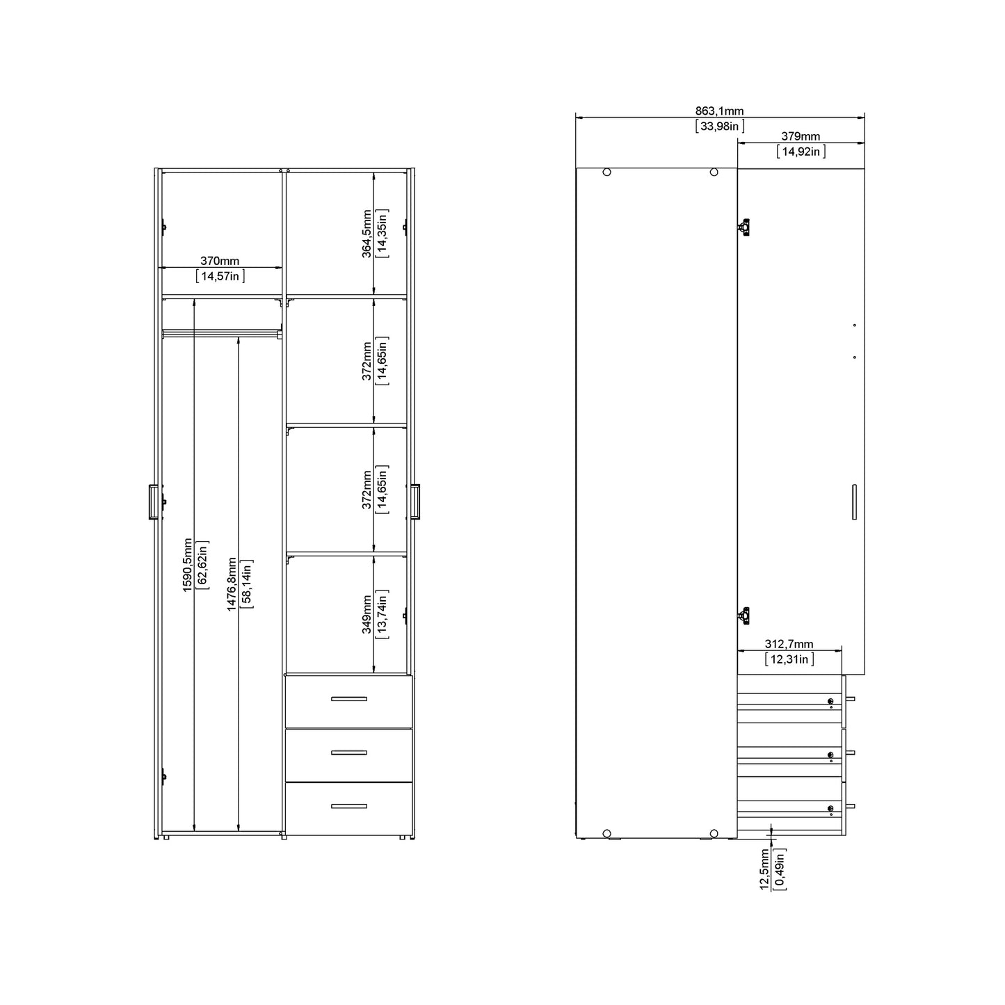 space wardrobe 2 doors 3 drawers in white 2000