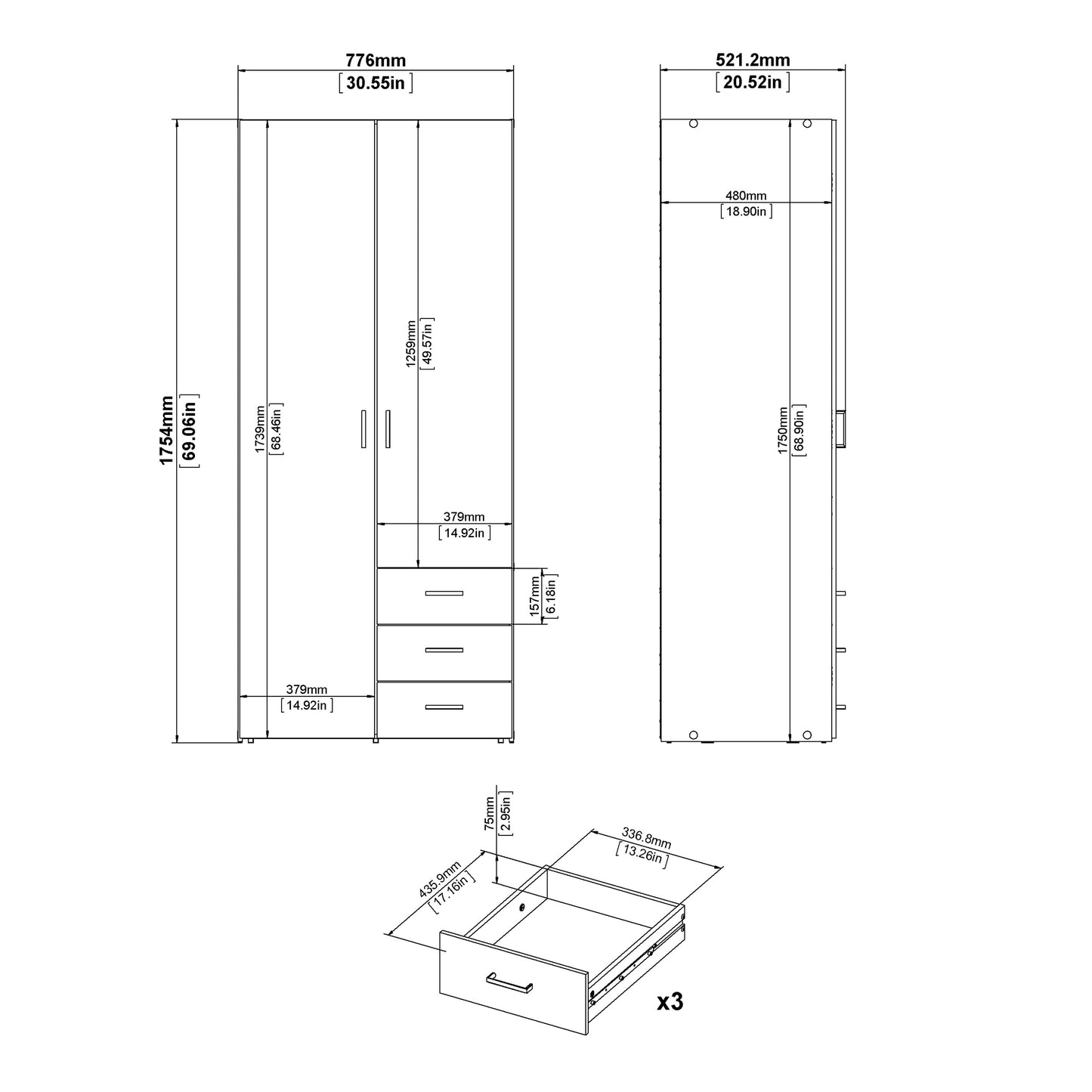 space wardrobe 2 doors 3 drawers white 1750