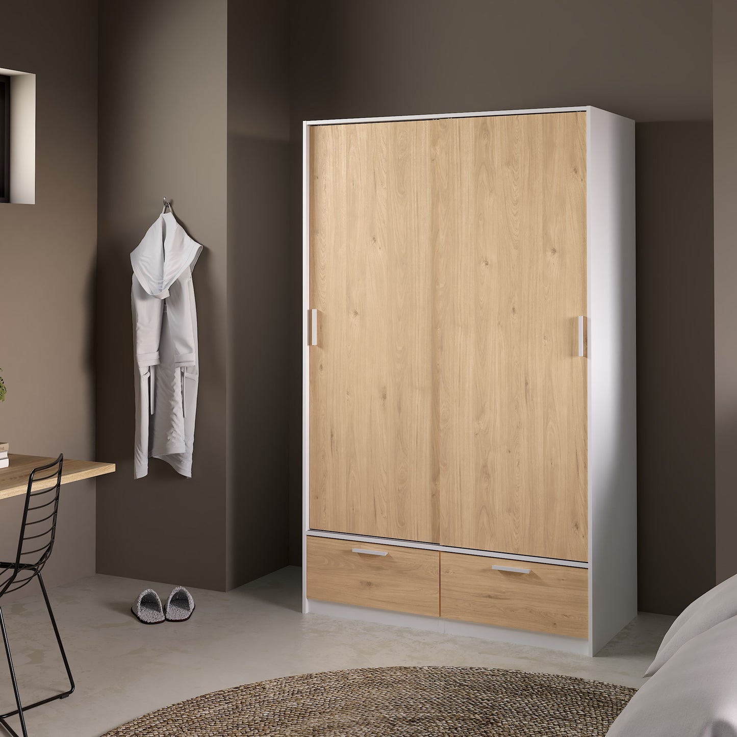 line wardrobe with 2 doors 2 drawers in white and jackson hickory oak