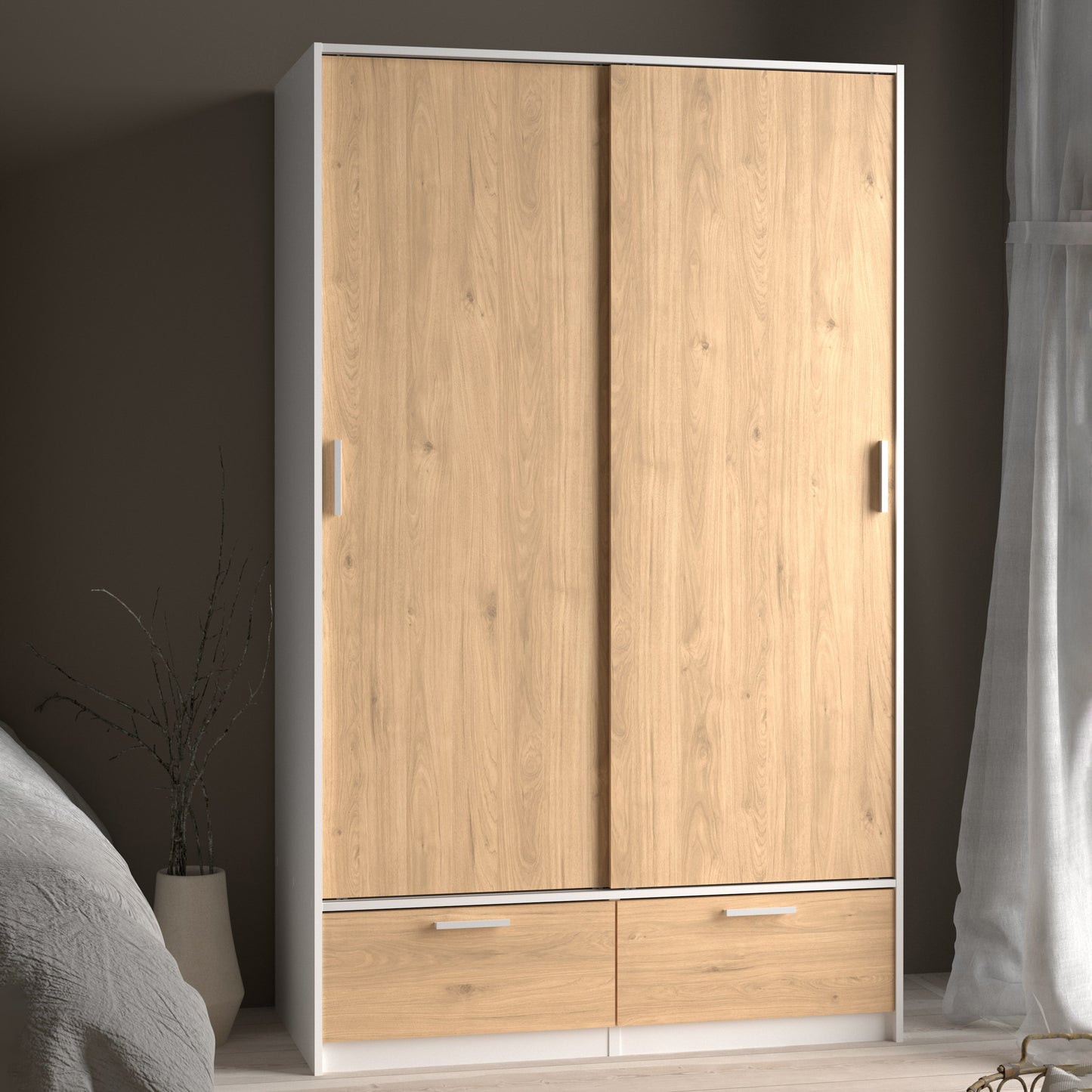 line wardrobe with 2 doors 2 drawers in white and jackson hickory oak