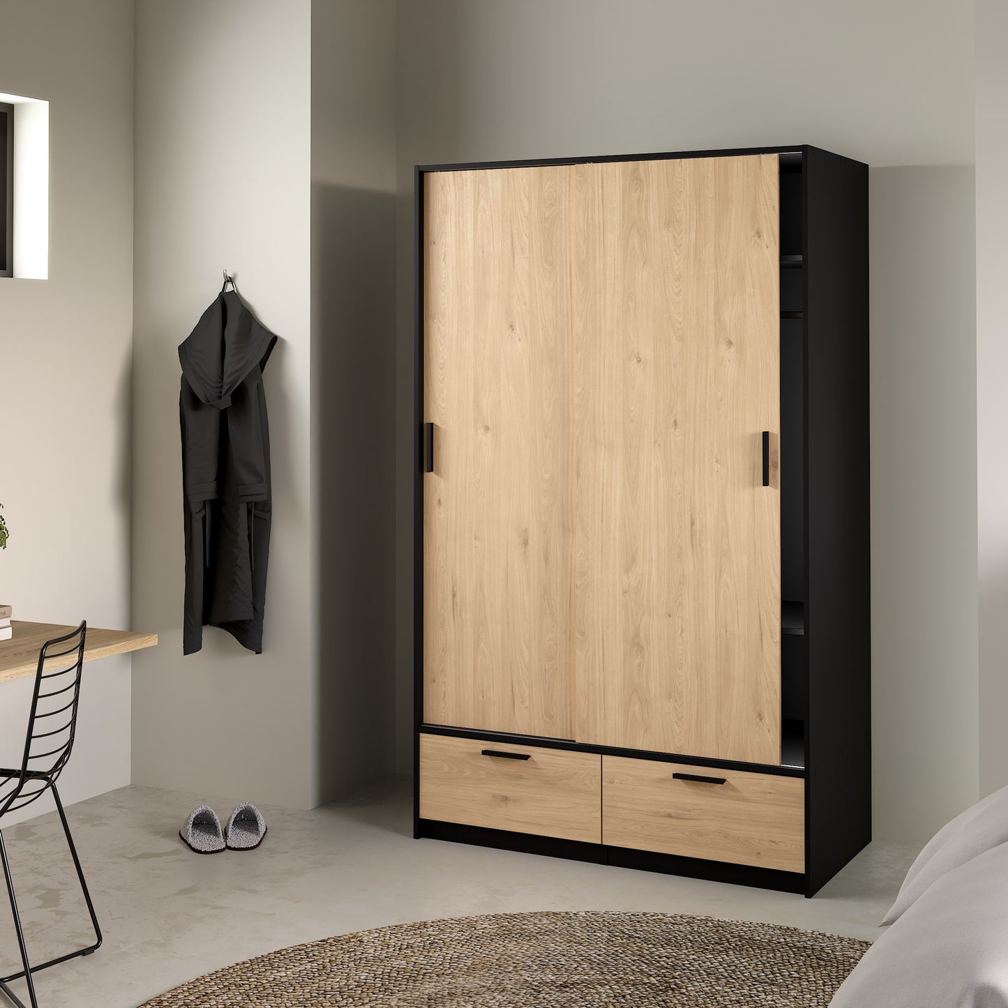 line wardrobe with 2 doors 2 drawers in black and jackson hickory oak