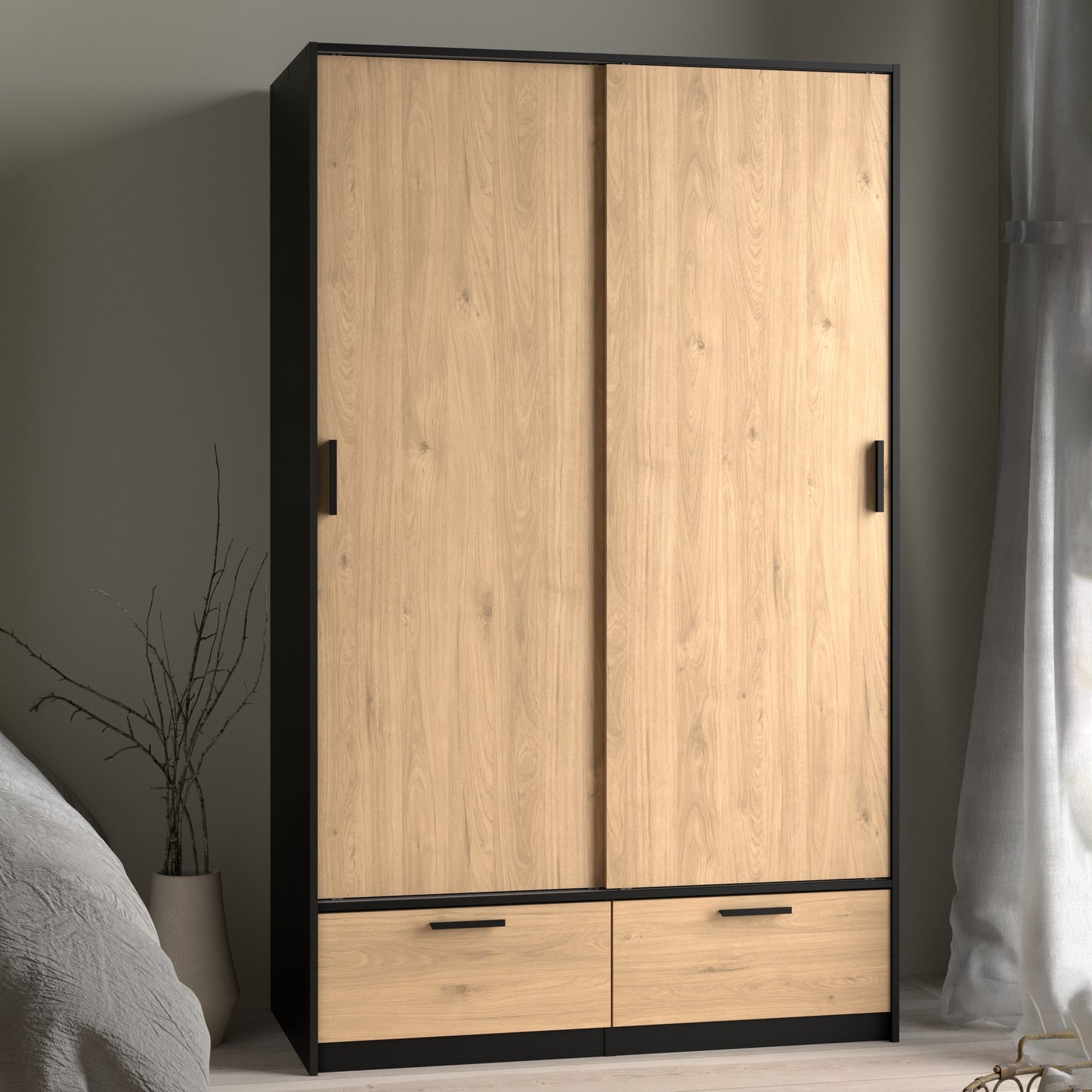 line wardrobe with 2 doors 2 drawers in black and jackson hickory oak