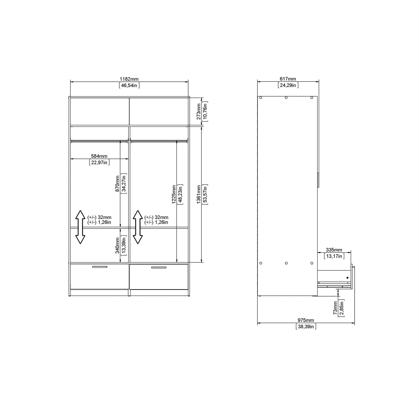line wardrobe with 2 doors 2 drawers in white and concrete