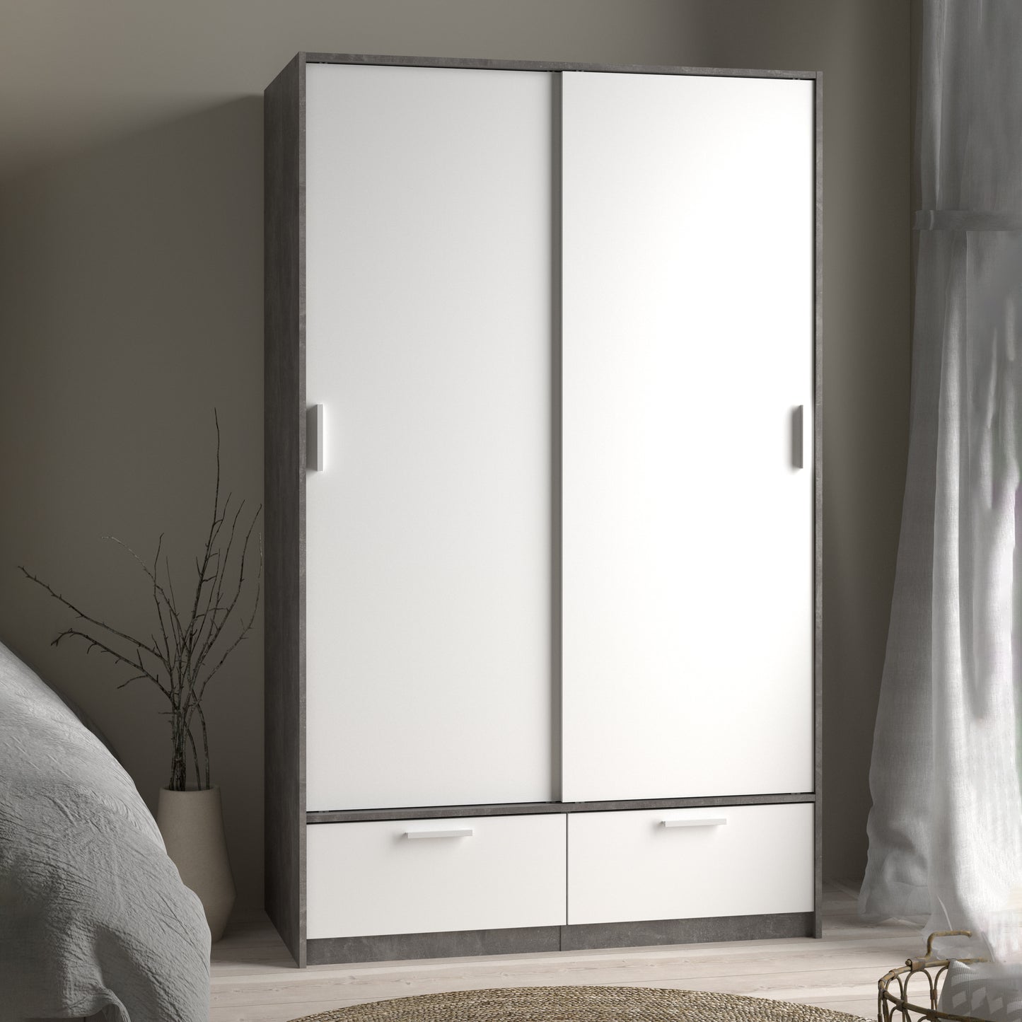 line wardrobe with 2 doors 2 drawers in white and concrete