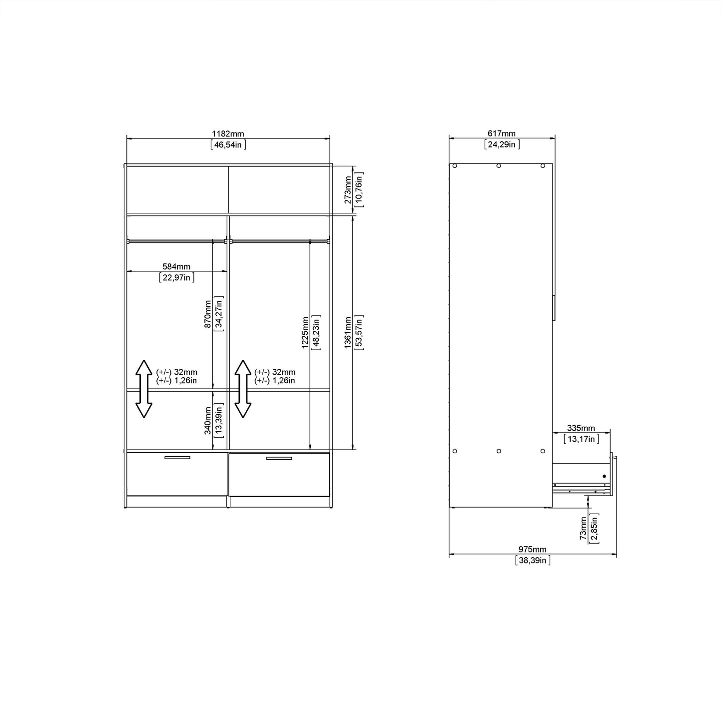 line wardrobe with 2 doors 2 drawers in jackson hickory oak