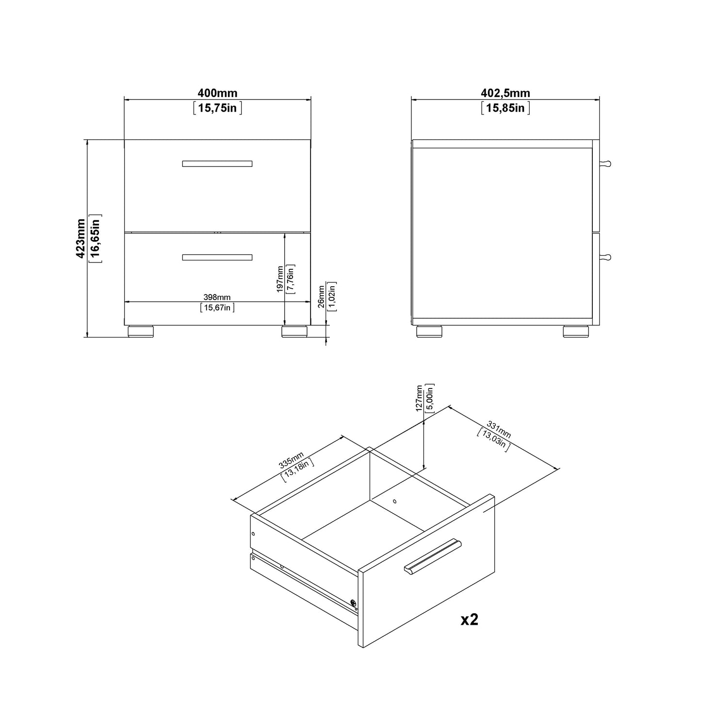 pepe bedside 2 drawers in white