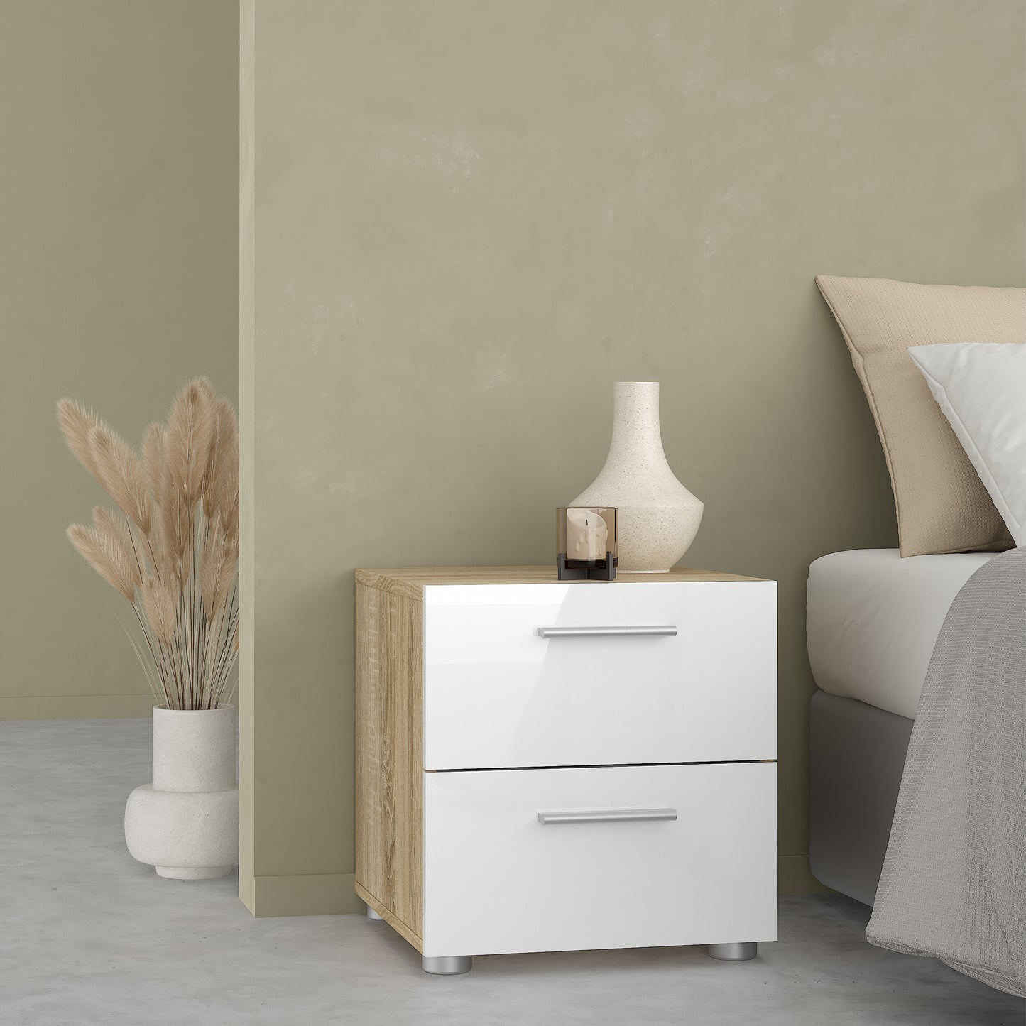 pepe bedside 2 drawers in oak with white high gloss