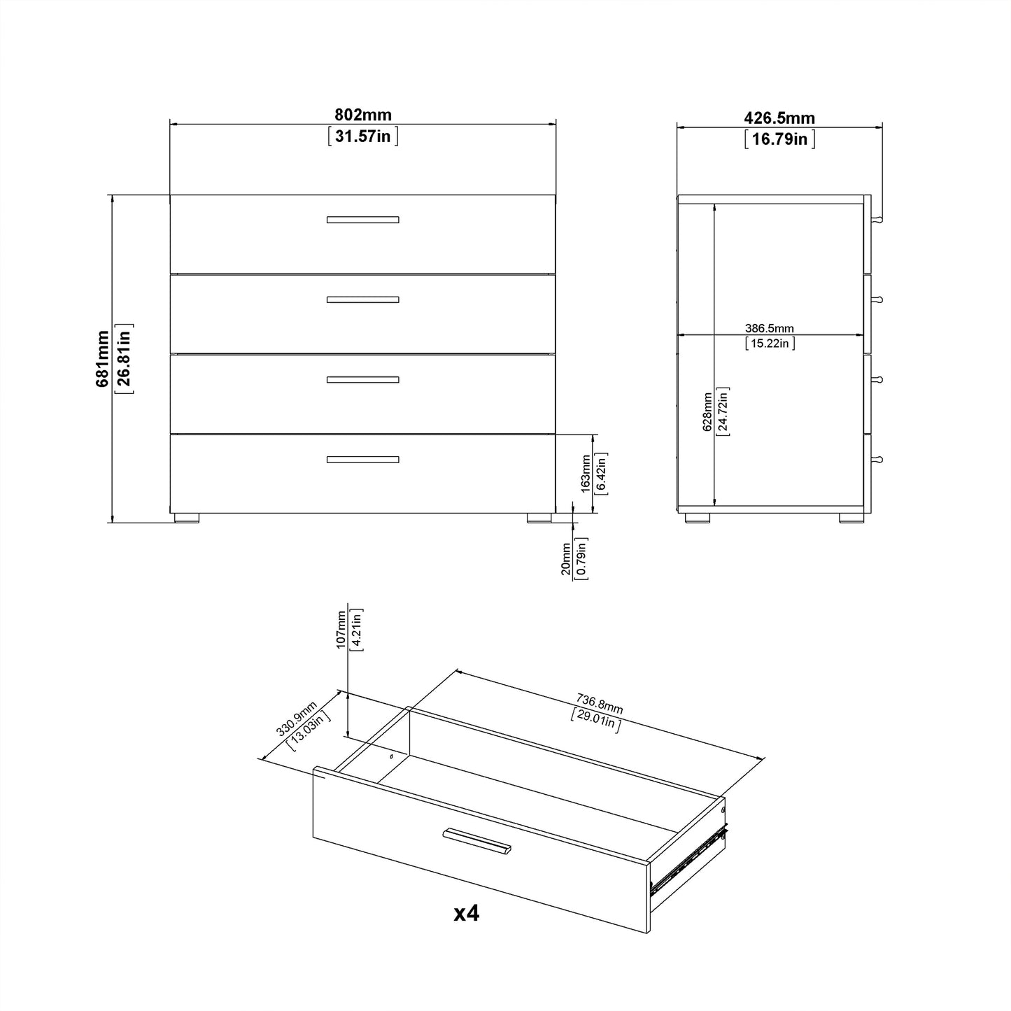 pepe chest of 4 drawers in oak with white high gloss