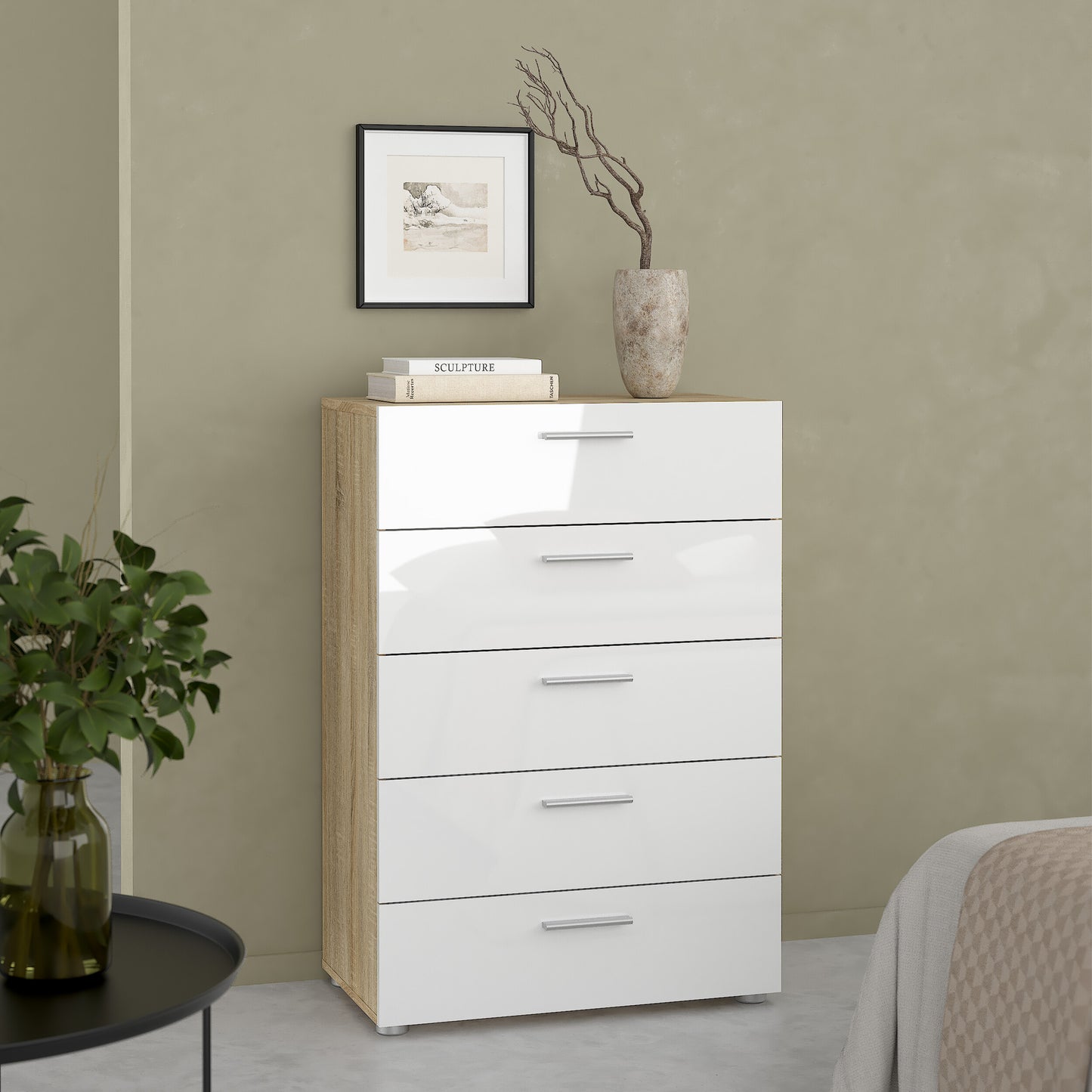 pepe chest of 5 drawers in oak with white high gloss