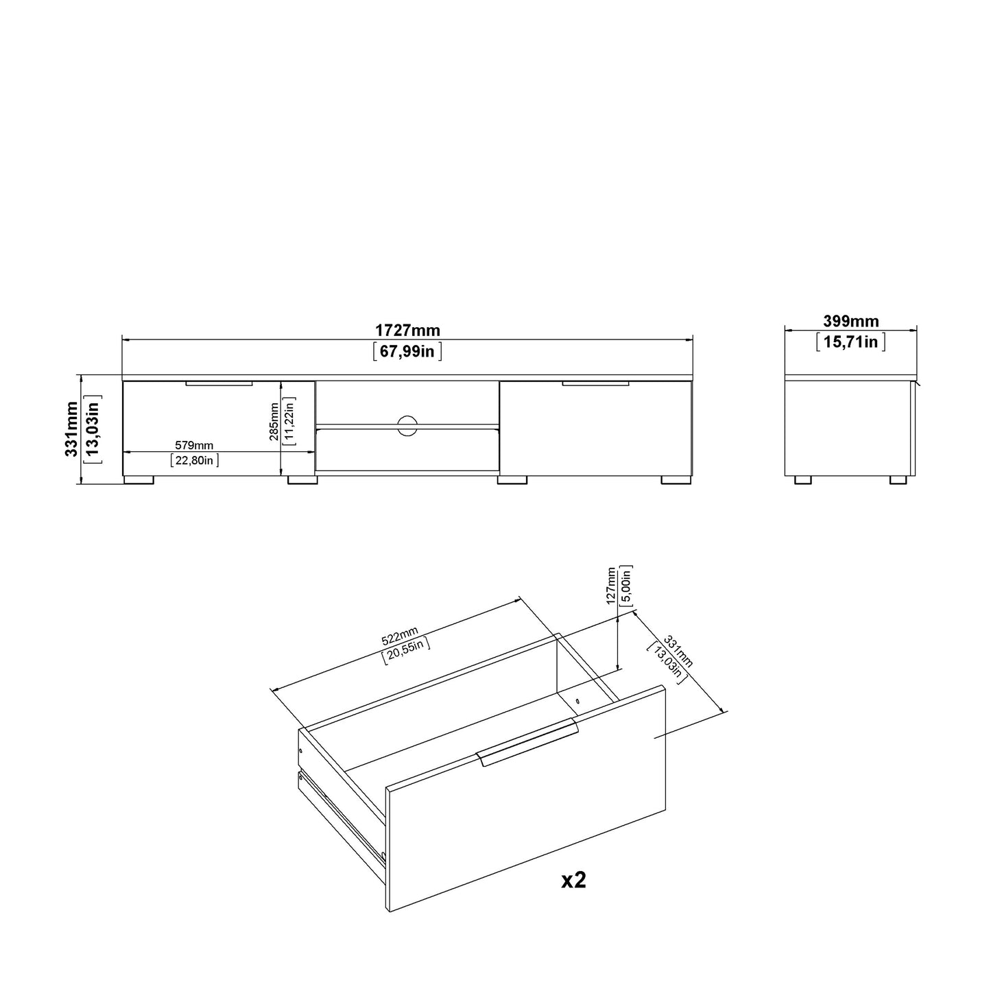 match tv unit 2 drawers 2 shelf in white high gloss