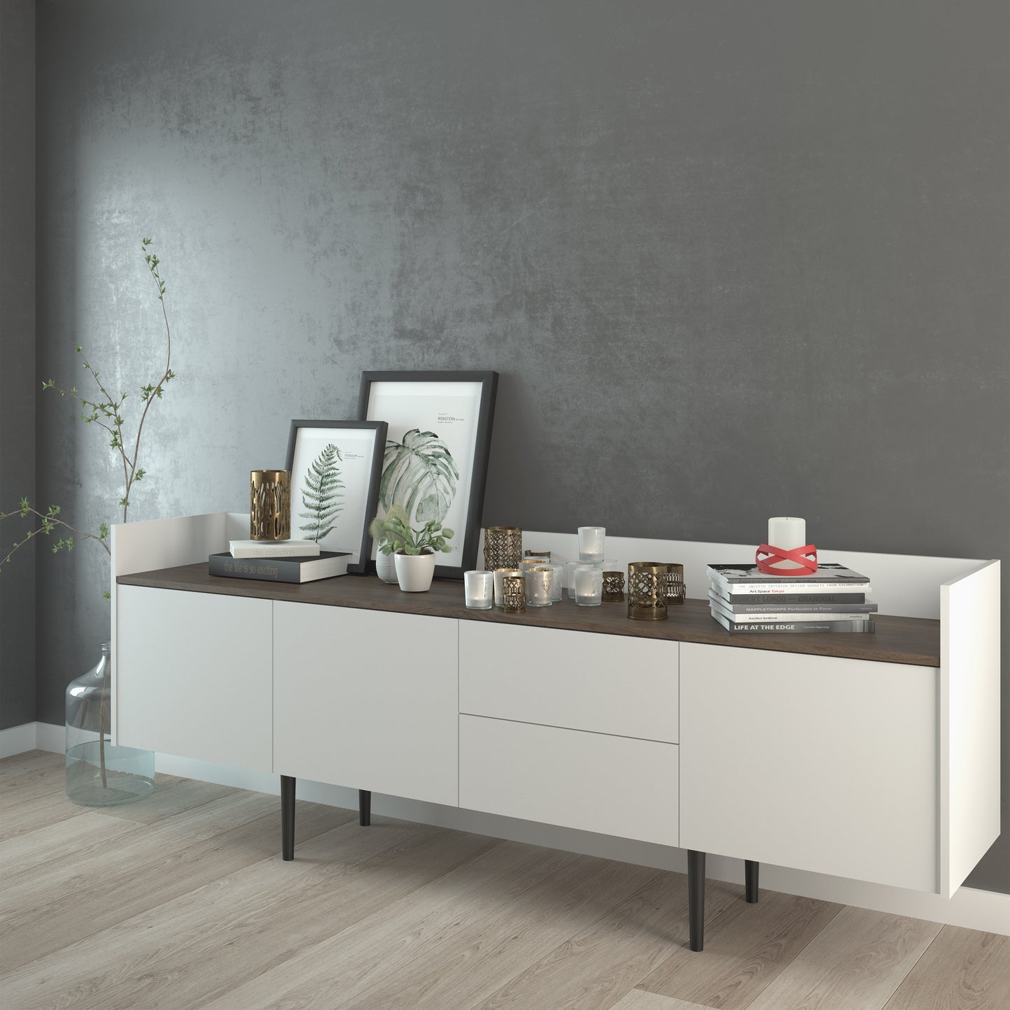 unit sideboard 2 drawers 3 doors in white and walnut
