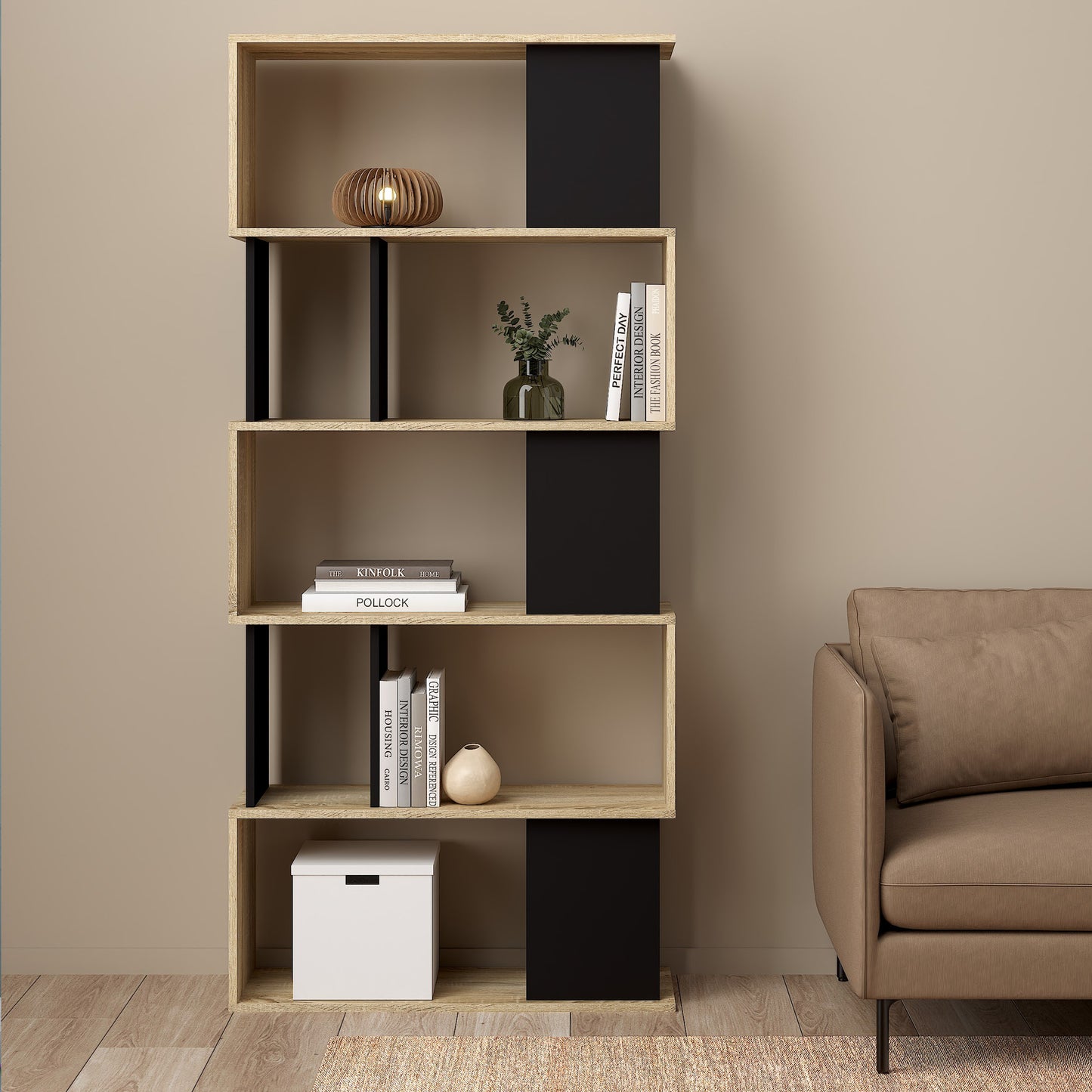 maze open bookcase 4 shelves in oak and black