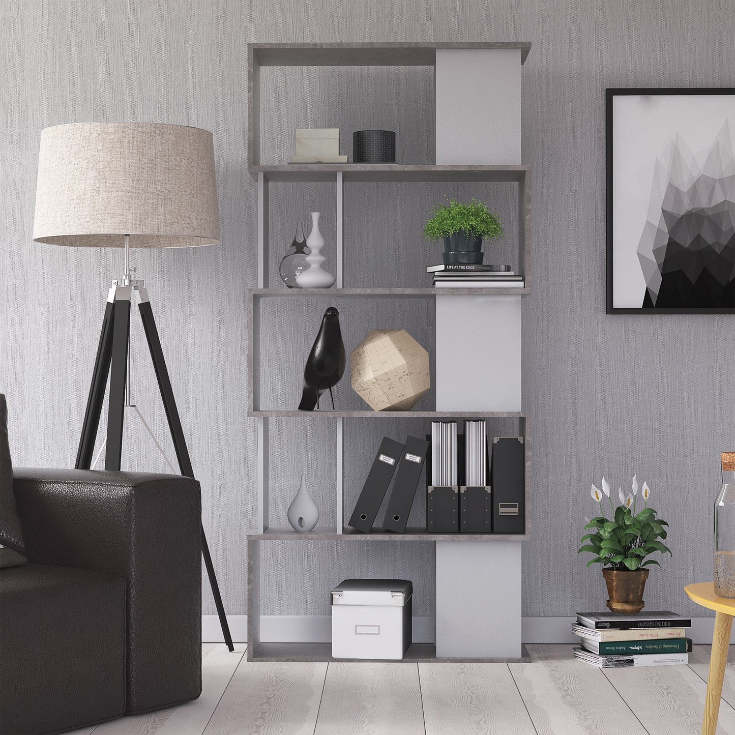 maze open bookcase 4 shelves in concrete and white