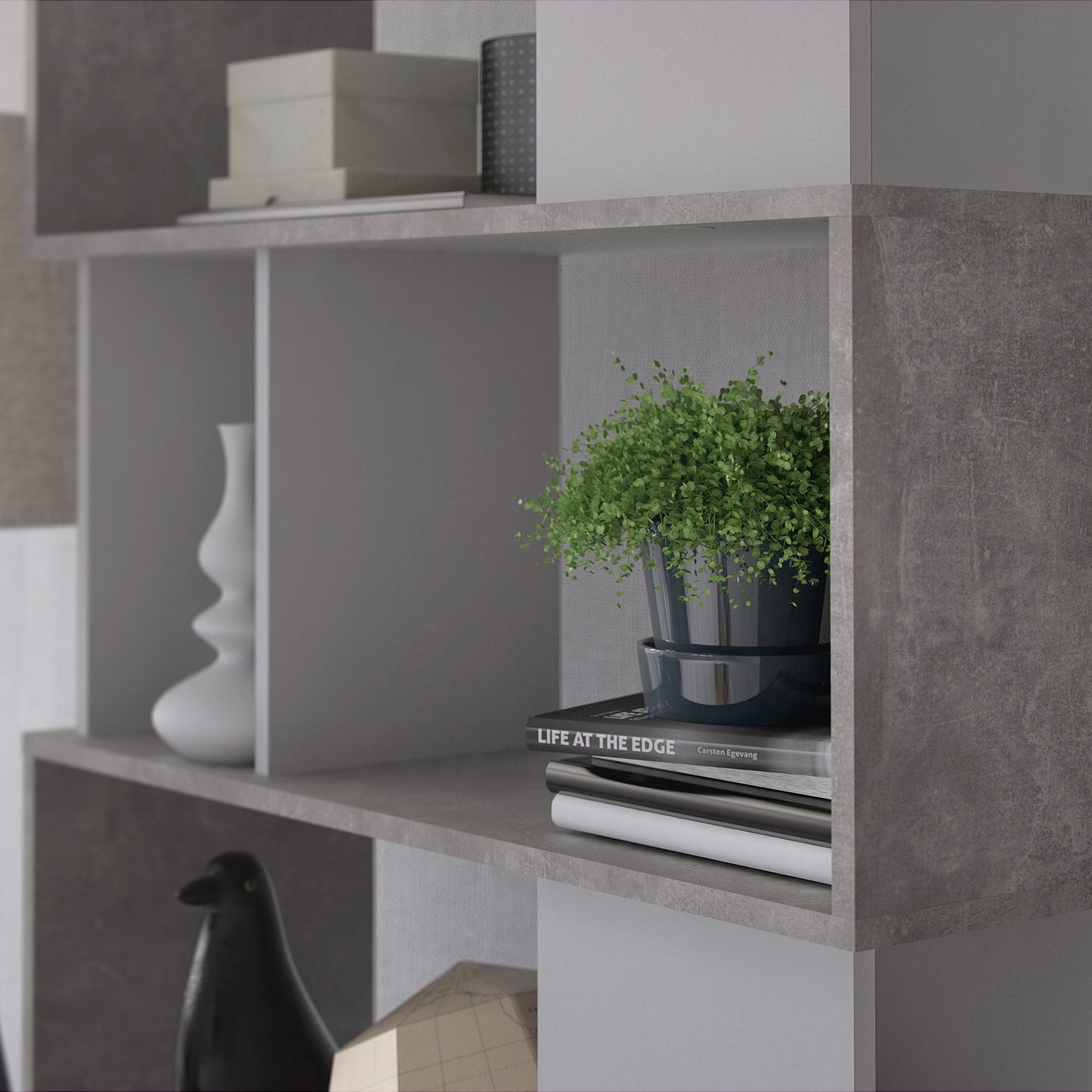 maze open bookcase 4 shelves in concrete and white
