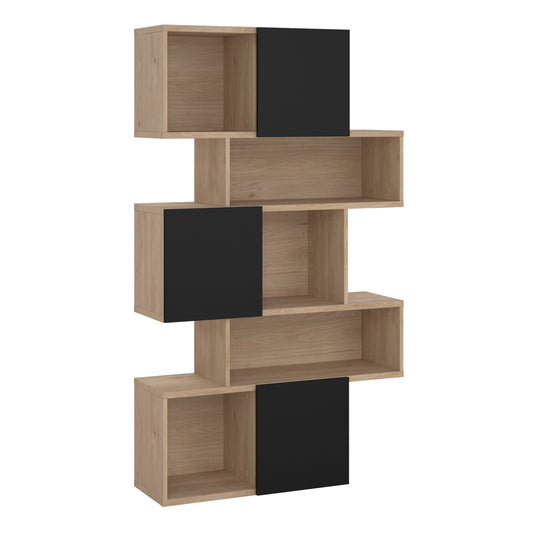 maze asymmetrical bookcase with 3 doors in jackson hickory and black