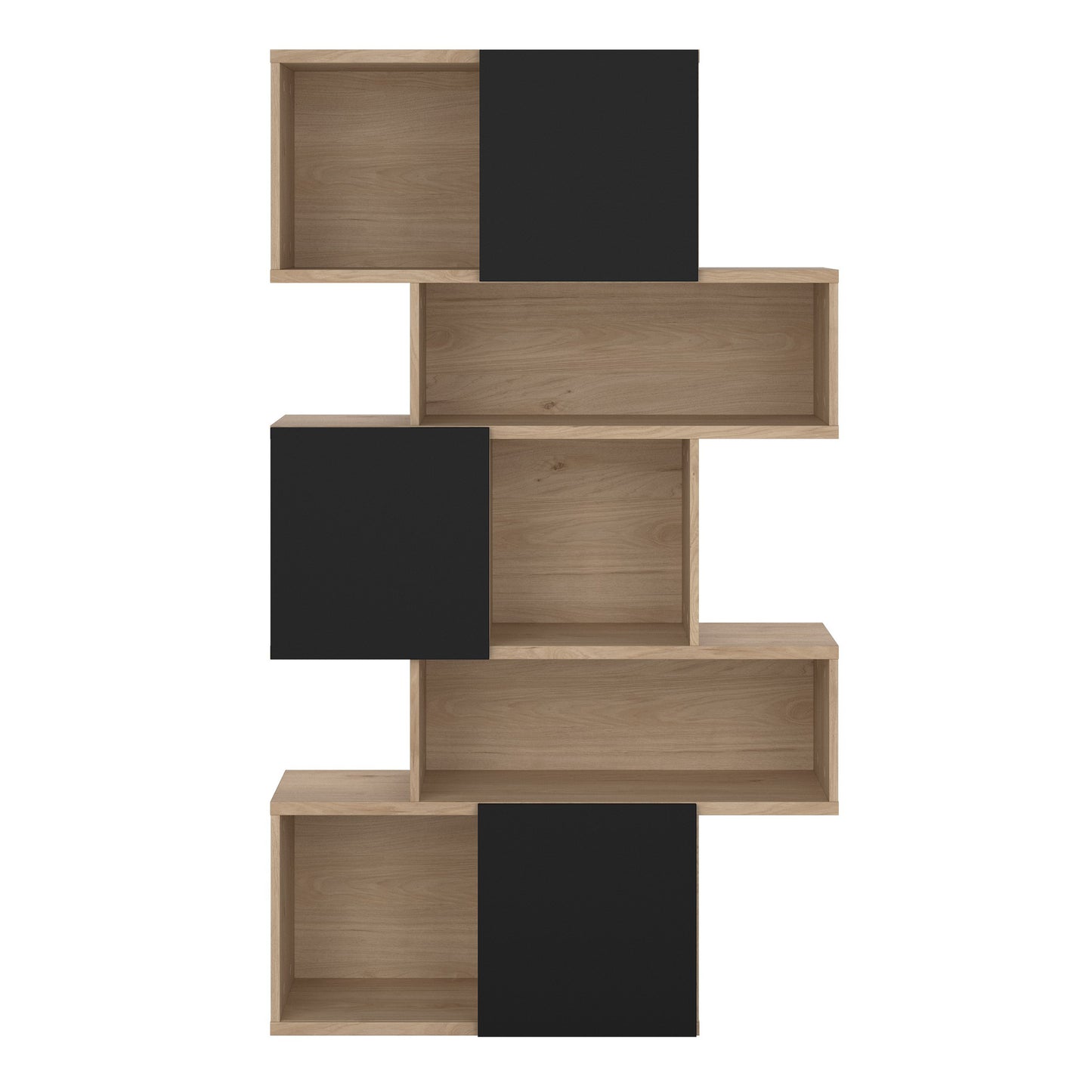 maze asymmetrical bookcase with 3 doors in jackson hickory and black