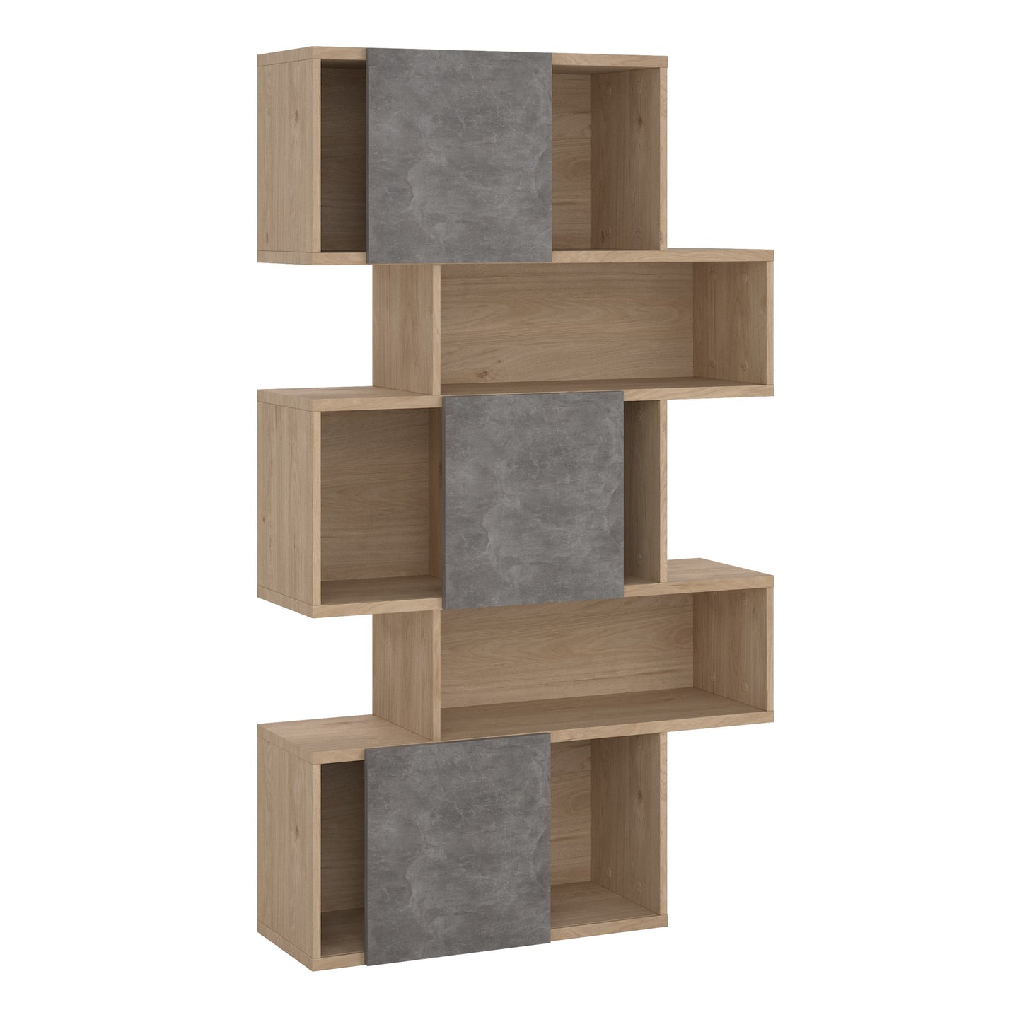 maze asymmetrical bookcase with 3 doors in jackson hickory and concrete