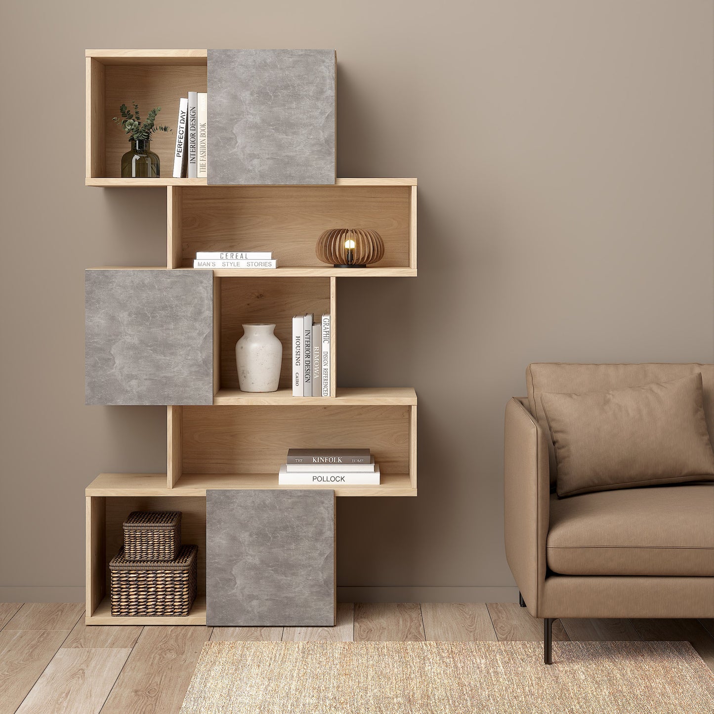 maze asymmetrical bookcase with 3 doors in jackson hickory and concrete
