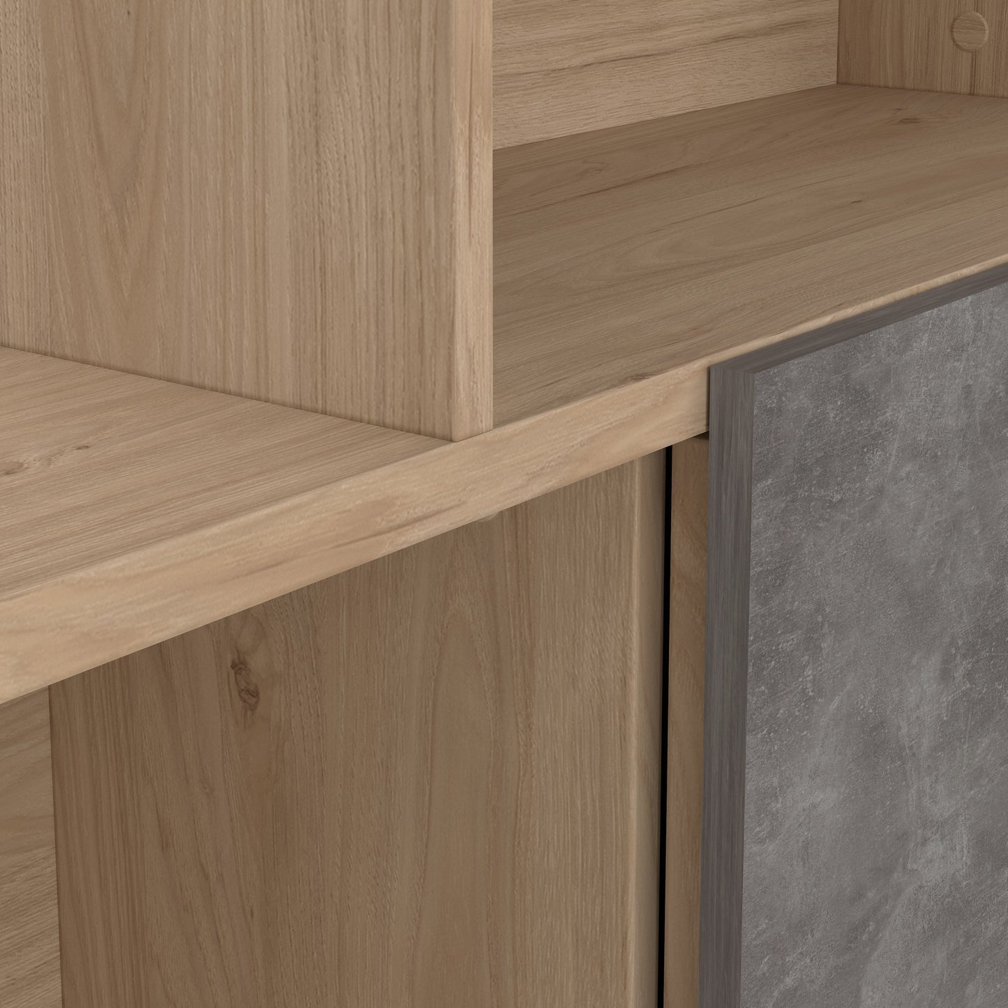 maze asymmetrical bookcase with 3 doors in jackson hickory and concrete