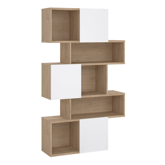maze asymmetrical bookcase with 3 doors in jackson hickory and white high gloss