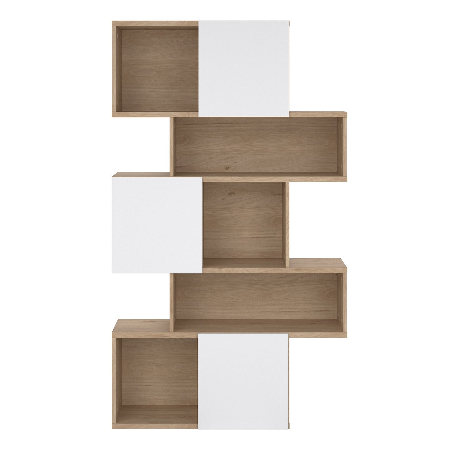 maze asymmetrical bookcase with 3 doors in jackson hickory and white high gloss