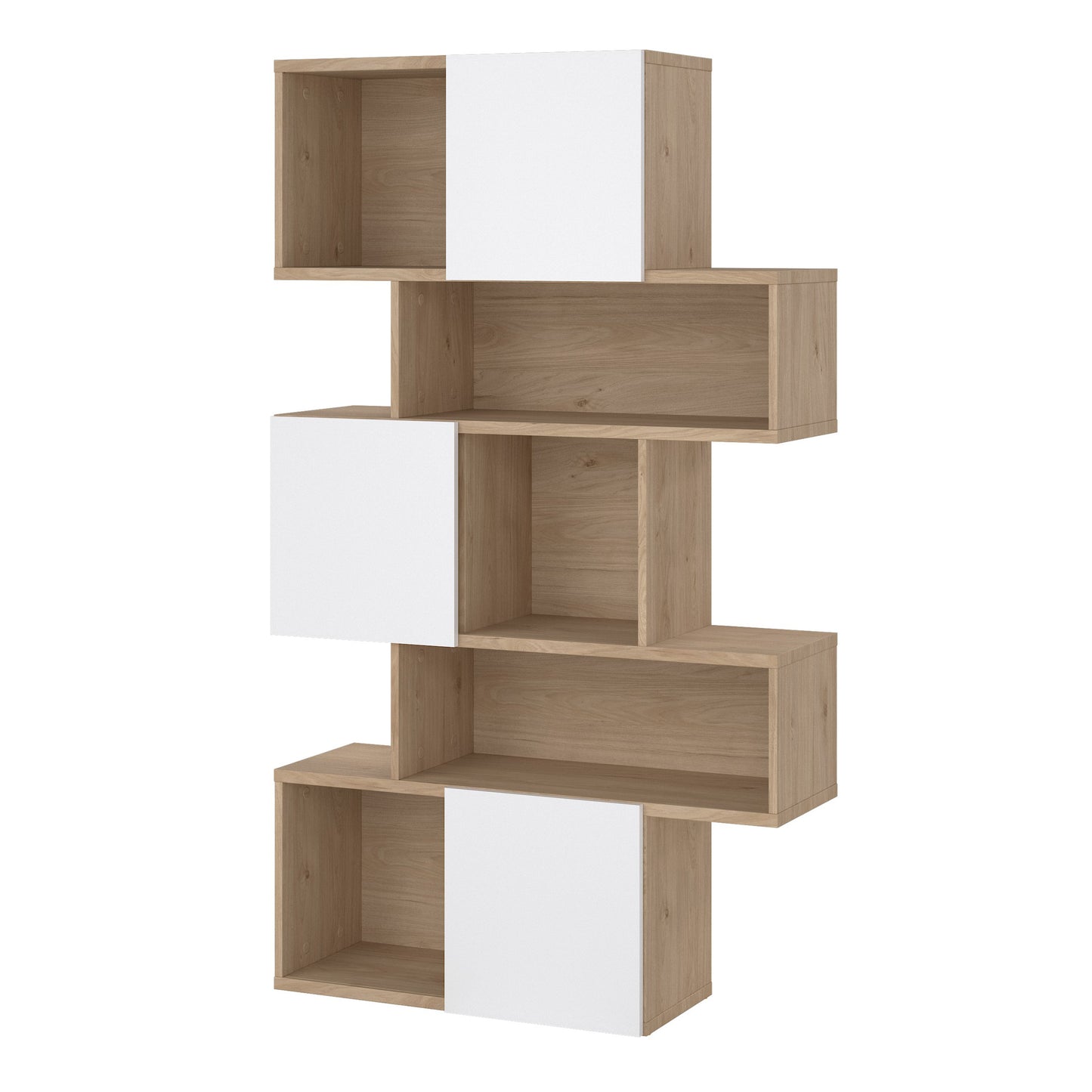 maze asymmetrical bookcase with 3 doors in jackson hickory and white high gloss