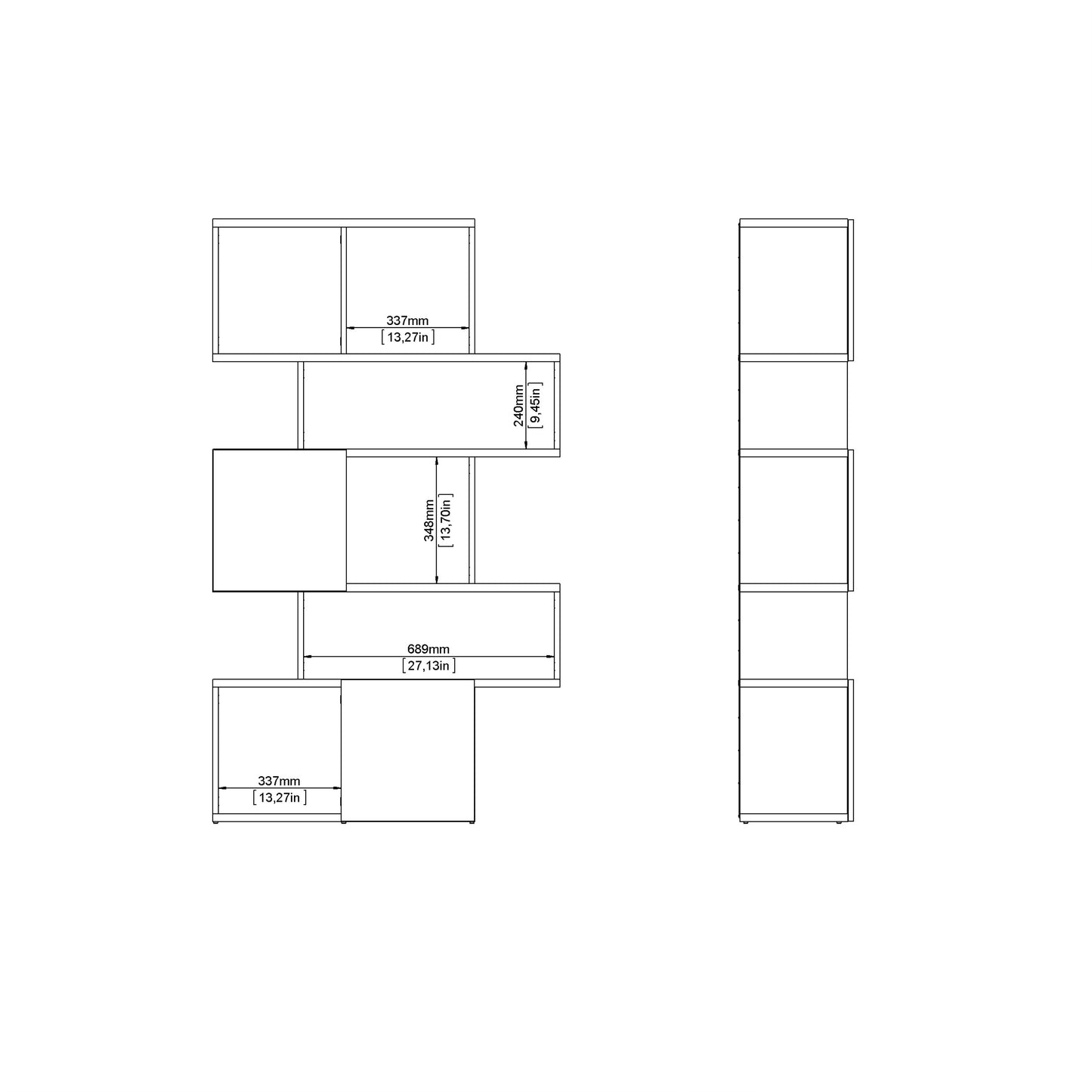 maze asymmetrical bookcase with 3 doors in jackson hickory and white high gloss
