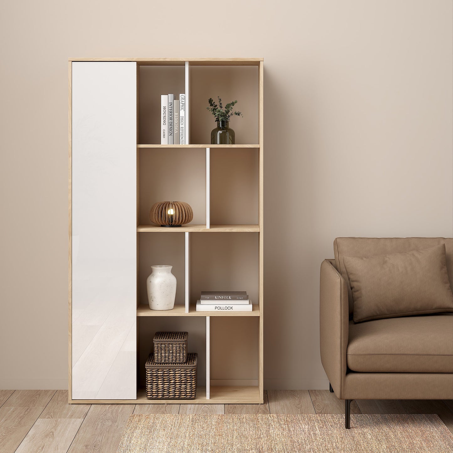 maze bookcase with 1 door in jackson hickory and white high gloss