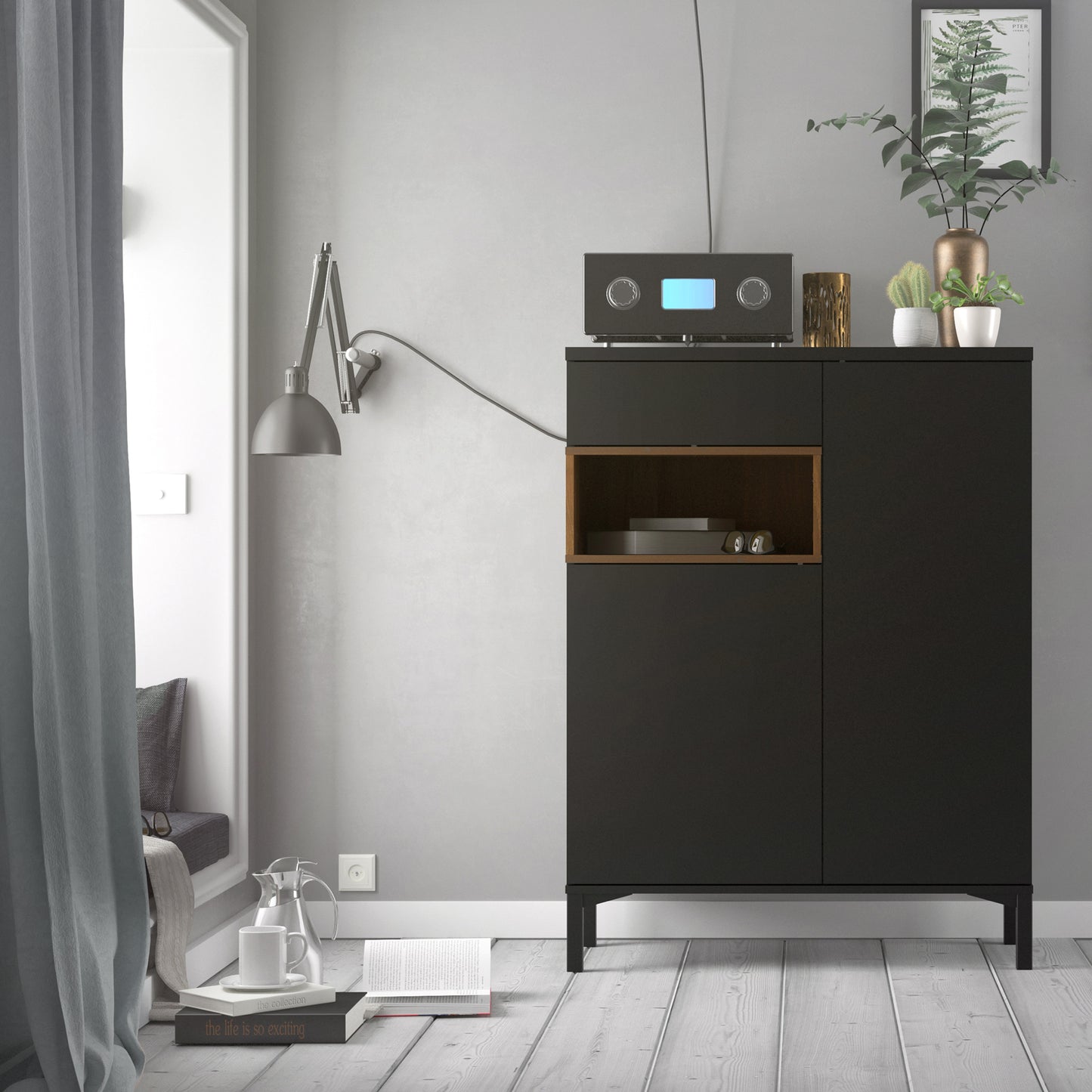 roomers sideboard 2 door 1 drawer in black and walnut