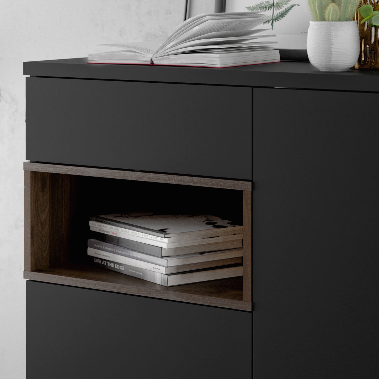roomers sideboard 2 door 1 drawer in black and walnut