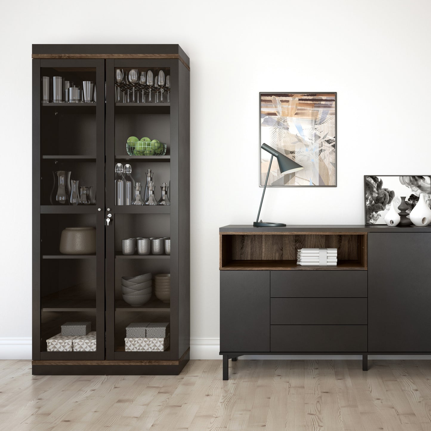 roomers display cabinet glazed 2 doors in black and walnut