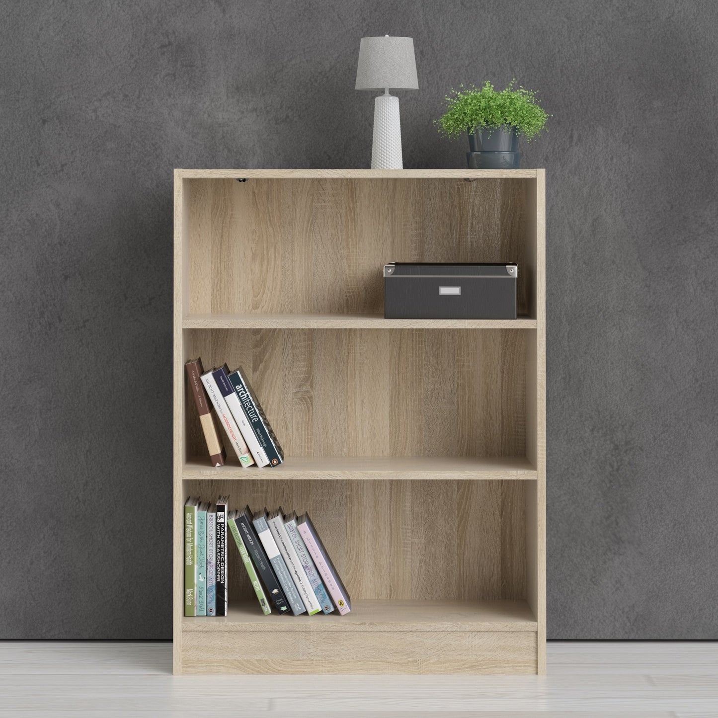 basic low wide bookcase (2 shelves) in oak