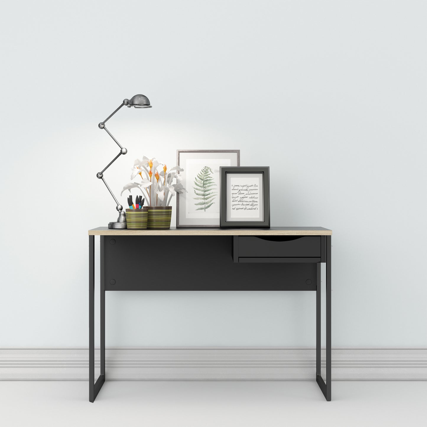 function plus desk 1 drawer in black with oak trim
