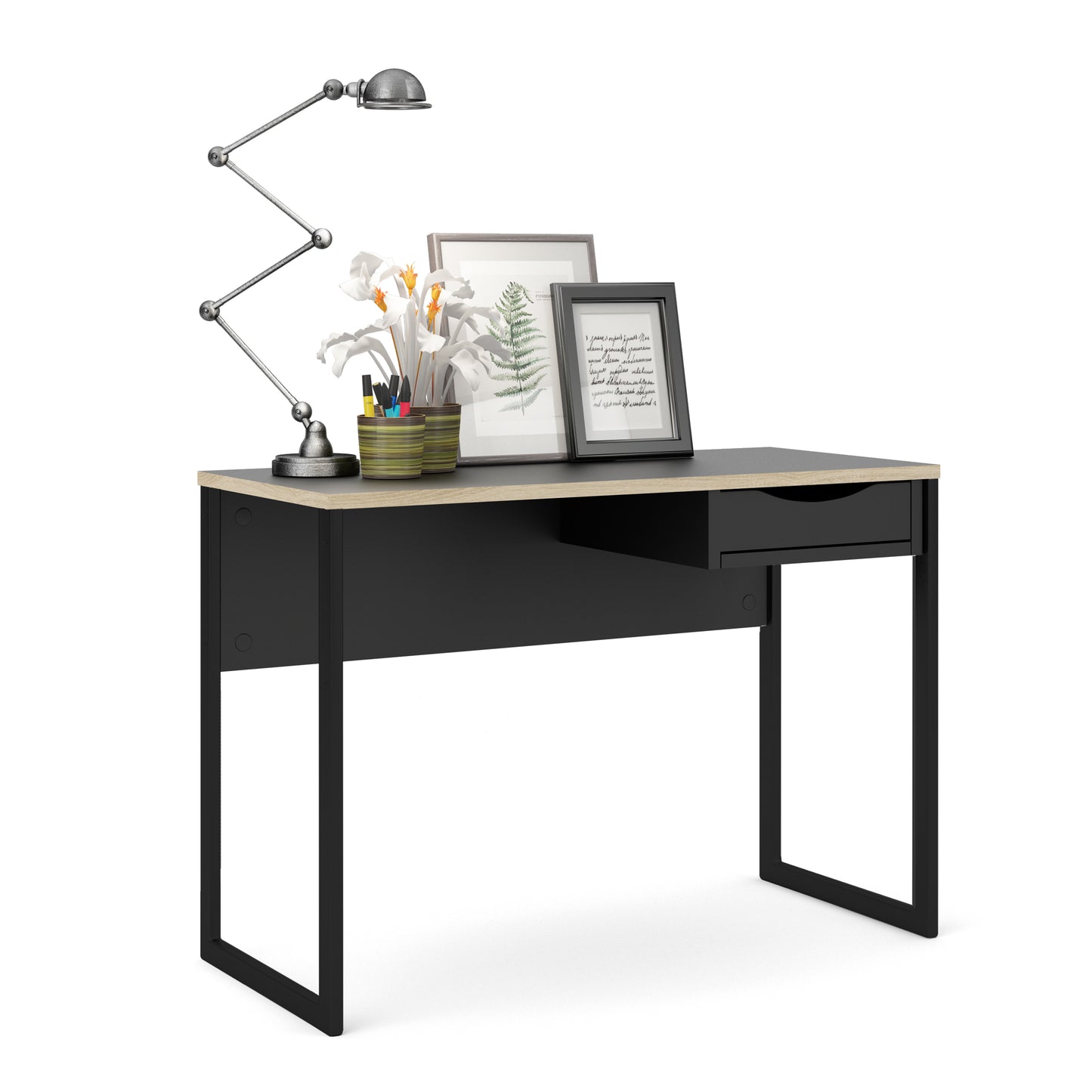 function plus desk 1 drawer in black with oak trim