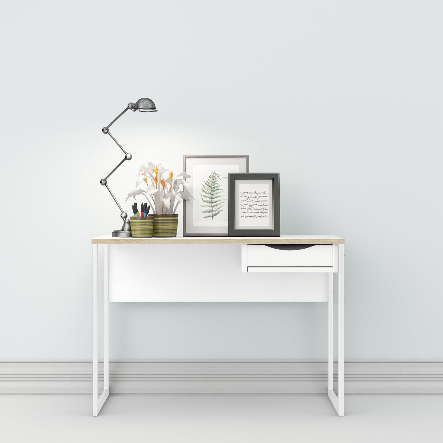 function plus desk 1 drawer in white with oak trim